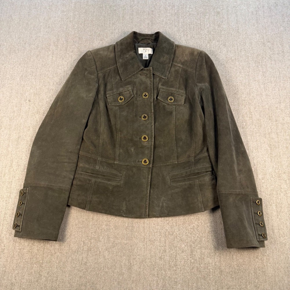 Ann Taylor Loft Jacket Women 2 Olive Green Suede Leather Button Front Blazer